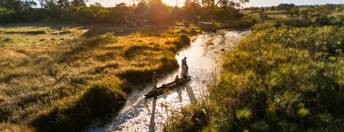 A mokor moves through a Okavango Delta waterway at sunset