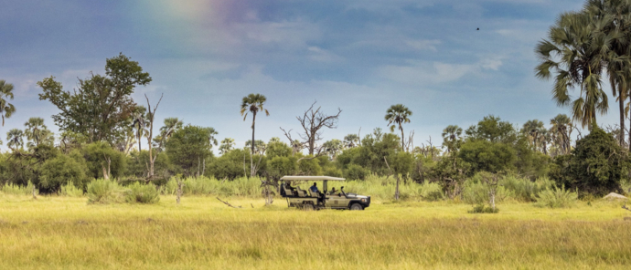 Guests on safari witness a beautiful rainbow in the Okavango Delta